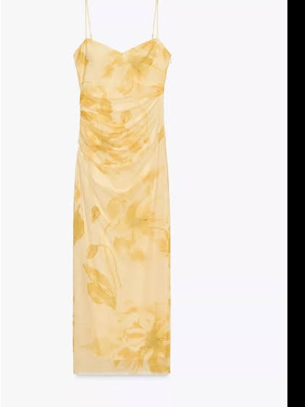Zara Cowl Style Neckline Printed Tulle Midi Dress - Yellow Xs